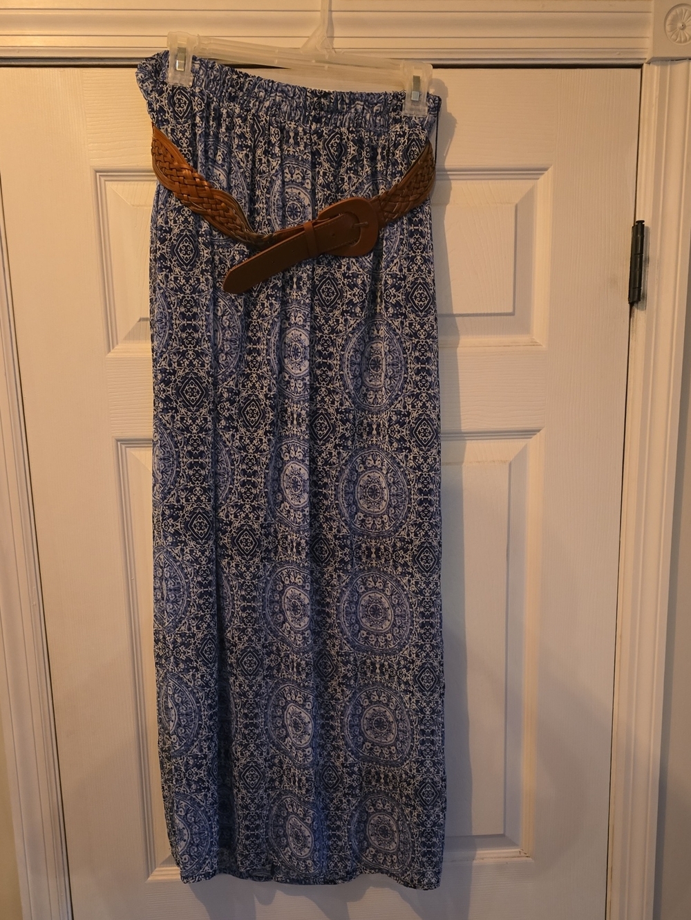 Blue Printed Maxi Skirt with Braided Brown Belt